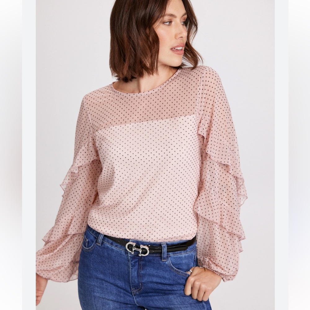 Laura Polka Dot Ruffled Mesh Sleeves Top Rose Quartz Pink